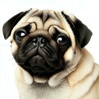 The pug dog sits and looks directly into the camera. Sad big eyes.Generative AI photo