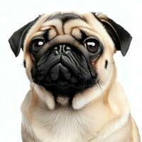 The pug dog sits and looks directly into the camera. Sad big eyes.Generative AI photo