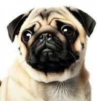 The pug dog sits and looks directly into the camera. Sad big eyes.Generative AI photo