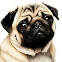 The pug dog sits and looks directly into the camera. Sad big eyes.Generative AI photo