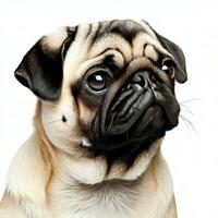 The pug dog sits and looks directly into the camera. Sad big eyes.Generative AI photo