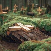Blurred image. Christian crosses are made of wood on a green background. Generative AI photo