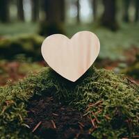 funeral Heart sympathy or wooden funeral heart near a tree. Natural burial grave in the forest. Heart on grass or moss. tree burial, cemetery and All Saints Day concepts Generative AI photo