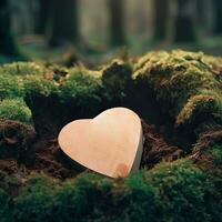 funeral Heart sympathy or wooden funeral heart near a tree. Natural burial grave in the forest. Heart on grass or moss. tree burial, cemetery and All Saints Day concepts Generative AI photo