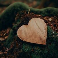 funeral Heart sympathy or wooden funeral heart near a tree. Natural burial grave in the forest. Heart on grass or moss. tree burial, cemetery and All Saints Day concepts Generative AI photo