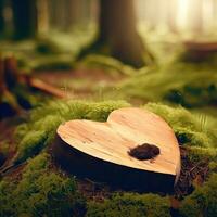 funeral Heart sympathy or wooden funeral heart near a tree. Natural burial grave in the forest. Heart on grass or moss. tree burial, cemetery and All Saints Day concepts Generative AI photo