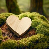 funeral Heart sympathy or wooden funeral heart near a tree. Natural burial grave in the forest. Heart on grass or moss. tree burial, cemetery and All Saints Day concepts  Generative AI photo