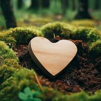 funeral Heart sympathy or wooden funeral heart near a tree. Natural burial grave in the forest. Heart on grass or moss. tree burial, cemetery and All Saints Day concepts Generative AI photo