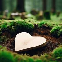 funeral Heart sympathy or wooden funeral heart near a tree. Natural burial grave in the forest. Heart on grass or moss. tree burial, cemetery and All Saints Day concepts  Generative AI photo