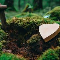 funeral Heart sympathy or wooden funeral heart near a tree. Natural burial grave in the forest. Heart on grass or moss. tree burial, cemetery and All Saints Day concepts  Generative AI photo