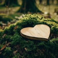 funeral Heart sympathy or wooden funeral heart near a tree. Natural burial grave in the forest. Heart on grass or moss. tree burial, cemetery and All Saints Day concepts  Generative AI photo