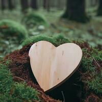 funeral Heart sympathy or wooden funeral heart near a tree. Natural burial grave in the forest. Heart on grass or moss. tree burial, cemetery and All Saints Day concepts Generative AI photo