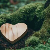 funeral Heart sympathy or wooden funeral heart near a tree. Natural burial grave in the forest. Heart on grass or moss. tree burial, cemetery and All Saints Day concepts  Generative AI photo