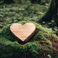 funeral Heart sympathy or wooden funeral heart near a tree. Natural burial grave in the forest. Heart on grass or moss. tree burial, cemetery and All Saints Day concepts Generative AI photo