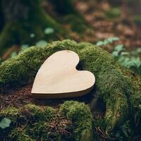 funeral Heart sympathy or wooden funeral heart near a tree. Natural burial grave in the forest. Heart on grass or moss. tree burial, cemetery and All Saints Day concepts Generative AI photo