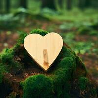 funeral Heart sympathy or wooden funeral heart near a tree. Natural burial grave in the forest. Heart on grass or moss. tree burial, cemetery and All Saints Day concepts Generative AI photo