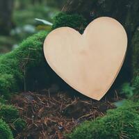 funeral Heart sympathy or wooden funeral heart near a tree. Natural burial grave in the forest. Heart on grass or moss. tree burial, cemetery and All Saints Day concepts Generative AI photo