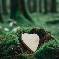 funeral Heart sympathy or wooden funeral heart near a tree. Natural burial grave in the forest. Heart on grass or moss. tree burial, cemetery and All Saints Day concepts Generative AI photo