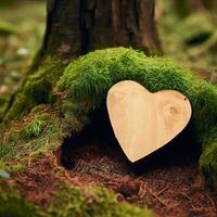 funeral Heart sympathy or wooden funeral heart near a tree. Natural burial grave in the forest. Heart on grass or moss. tree burial, cemetery and All Saints Day concepts Generative AI photo