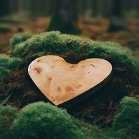 funeral Heart sympathy or wooden funeral heart near a tree. Natural burial grave in the forest. Heart on grass or moss. tree burial, cemetery and All Saints Day concepts Generative AI photo