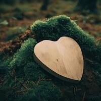 funeral Heart sympathy or wooden funeral heart near a tree. Natural burial grave in the forest. Heart on grass or moss. tree burial, cemetery and All Saints Day concepts Generative AI photo