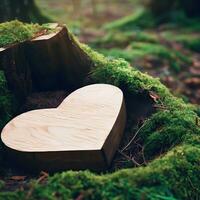 funeral Heart sympathy or wooden funeral heart near a tree. Natural burial grave in the forest. Heart on grass or moss. tree burial, cemetery and All Saints Day concepts Generative AI photo