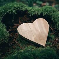 funeral Heart sympathy or wooden funeral heart near a tree. Natural burial grave in the forest. Heart on grass or moss. tree burial, cemetery and All Saints Day concepts Generative AI photo