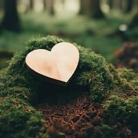 funeral corazón simpatía o de madera funeral corazón cerca un árbol. natural entierro tumba en el bosque. corazón en césped o musgo. árbol entierro, cementerio y todas santos día conceptos generativo ai foto