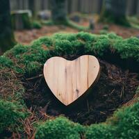 funeral Heart sympathy or wooden funeral heart near a tree. Natural burial grave in the forest. Heart on grass or moss. tree burial, cemetery and All Saints Day concepts Generative AI photo