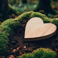 funeral Heart sympathy or wooden funeral heart near a tree. Natural burial grave in the forest. Heart on grass or moss. tree burial, cemetery and All Saints Day concepts Generative AI photo