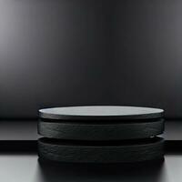 The abstract minimal scene with geometric forms. roller podium on black background. product presentation, mock-up, product show, podium, stage pedestal, or platform. 3d rendering Generative AI photo