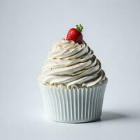 Vanilla cupcake with white frosting whip cream and a strawberry topper on a white background. Vertical image. Close up. Macro Generative AI photo