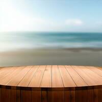 wooden table abstract beach blurred background Generative AI photo