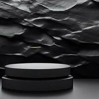 The abstract minimal scene with geometric forms. roller podium on black background. product presentation, mock-up, product show, podium, stage pedestal, or platform. 3d rendering Generative AI photo