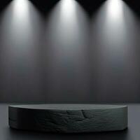 3d stage for product presentation spotlight, shapes, and glass objects on a reflective floor, stage podium award ceremony pedestal, dark background. Geometric advertising platform. Generative AI photo