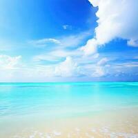 hermosa tropical playa con azul cielo y blanco nubes resumen textura antecedentes. Copiar espacio de verano vacaciones y fiesta generativo ai foto