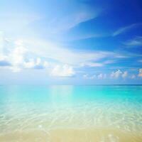 Beautiful tropical beach with blue sky and white clouds abstract texture background. Copy space of summer vacation and holiday Generative AI photo