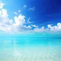Beautiful tropical beach with blue sky and white clouds abstract texture background. Copy space of summer vacation and holiday Generative AI photo