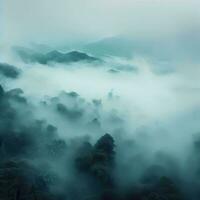 Fog over spruce forest trees in the early morning. Spruce trees silhouette on mountain hill forest in summer foggy scenery. Fog over the mountains Kanas morning fog. Generative AI photo