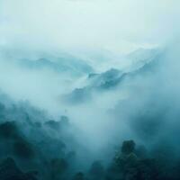 Fog over spruce forest trees in the early morning. Spruce trees silhouette on mountain hill forest in summer foggy scenery. Fog over the mountains Kanas morning fog. Generative AI photo