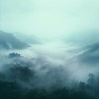 Fog over spruce forest trees in the early morning. Spruce trees silhouette on mountain hill forest in summer foggy scenery. Fog over the mountains Kanas morning fog. Generative AI photo