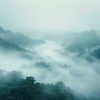 Fog over spruce forest trees in the early morning. Spruce trees silhouette on mountain hill forest in summer foggy scenery. Fog over the mountains Kanas morning fog. Generative AI photo