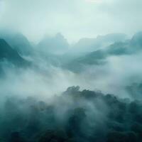 Fog over spruce forest trees in the early morning. Spruce trees silhouette on mountain hill forest in summer foggy scenery. Fog over the mountains Kanas morning fog. Generative AI photo