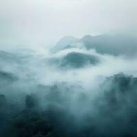 Fog over spruce forest trees in the early morning. Spruce trees silhouette on mountain hill forest in summer foggy scenery. Fog over the mountains Kanas morning fog. Generative AI photo