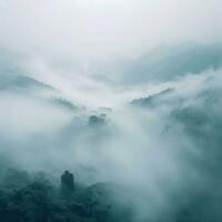 Fog over spruce forest trees in the early morning. Spruce trees silhouette on mountain hill forest in summer foggy scenery. Fog over the mountains Kanas morning fog. Generative AI photo