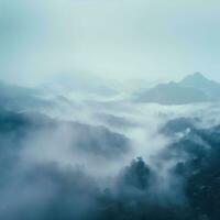 Fog over spruce forest trees in the early morning. Spruce trees silhouette on mountain hill forest in summer foggy scenery. Fog over the mountains Kanas morning fog. Generative AI photo