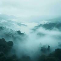 Fog over spruce forest trees in the early morning. Spruce trees silhouette on mountain hill forest in summer foggy scenery. Fog over the mountains Kanas morning fog. Generative AI photo