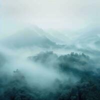 Fog over spruce forest trees in the early morning. Spruce trees silhouette on mountain hill forest in summer foggy scenery. Fog over the mountains Kanas morning fog. Generative AI photo