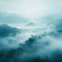 Fog over spruce forest trees in the early morning. Spruce trees silhouette on mountain hill forest in summer foggy scenery. Fog over the mountains Kanas morning fog. Generative AI photo