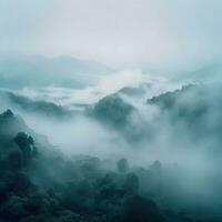 Fog over spruce forest trees in the early morning. Spruce trees silhouette on mountain hill forest in summer foggy scenery. Fog over the mountains Kanas morning fog. Generative AI photo